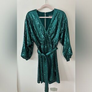 Anthropologie Sequined Emerald Green Sequin Wrap Dress